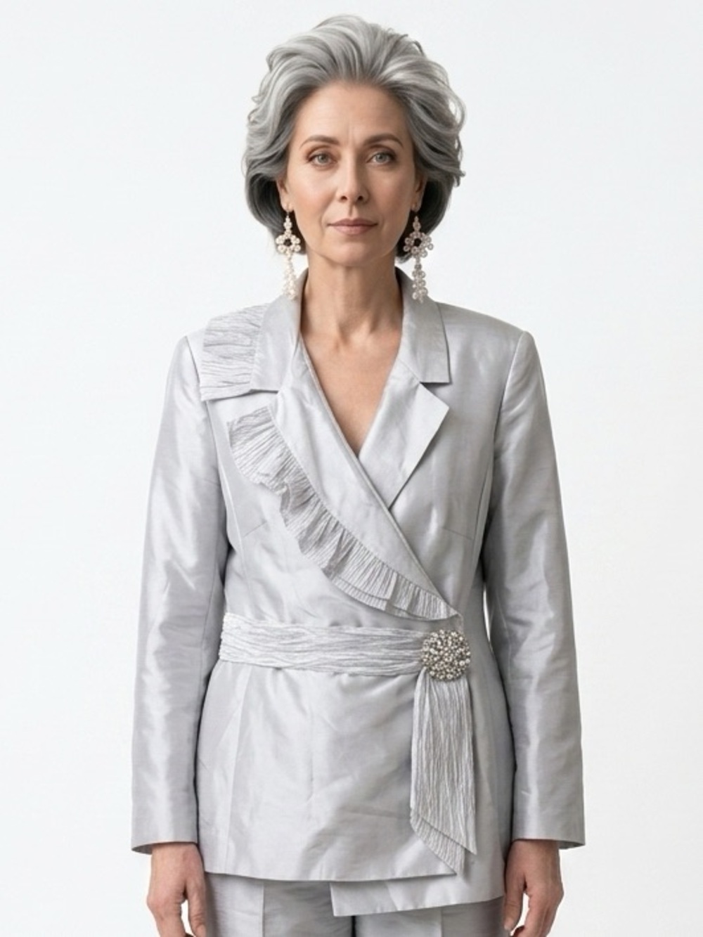 EMILY | Silver Embellished Buckle Wrap Jacket Ruffle Detail Women’s Size 16W
